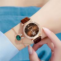 Luksusowe kobiety moda 2022 zielone zegarki cechy diament Studded zegarek kwarcowy panie skórzane zegarki na rękę elegancki Montre Femme 6